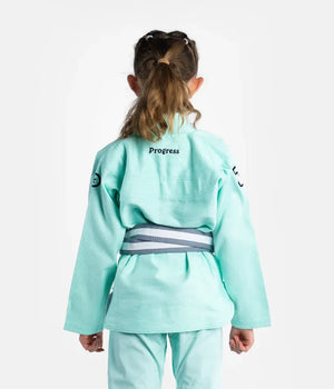 Kimono Copii Brazilian Jiu Jitsu PROGRESS The Academy - Turcoaz(Centura Alba Inclusa)