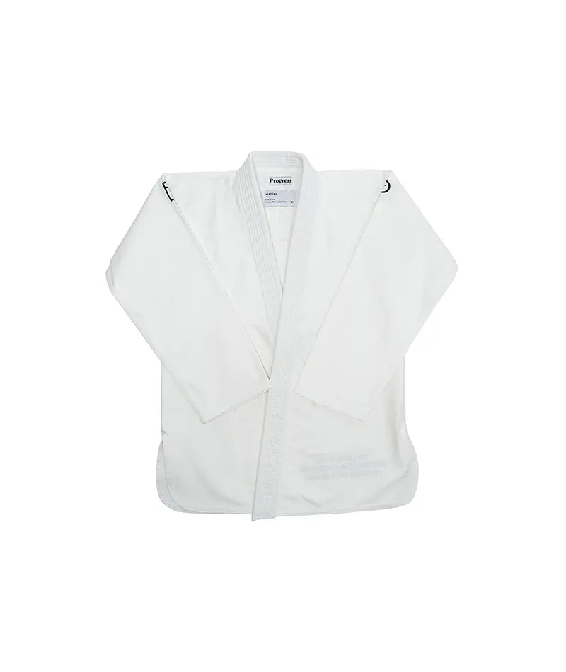 Kimono Brazilian Jiu Jitsu PROGRESS Alb Adulti poza facuta din fata kimonoului pe un fundal alb